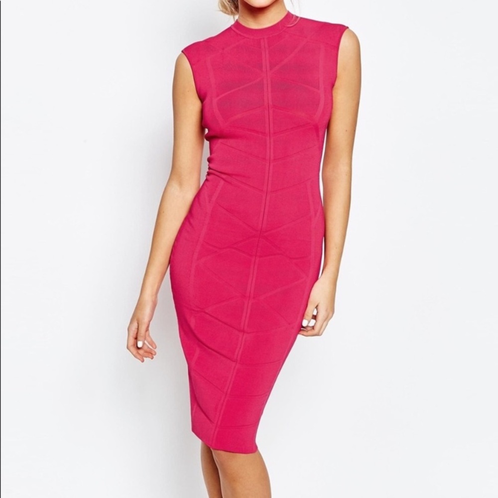 Ted Baker Bodycon Midi Dress Fuchsia Knit Ribbed Crewneck Sleeveless Hot Pink